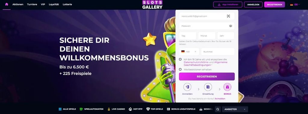 Dreistufiges Willkommenspaket auf der Aktionsseite von Slots Gallery